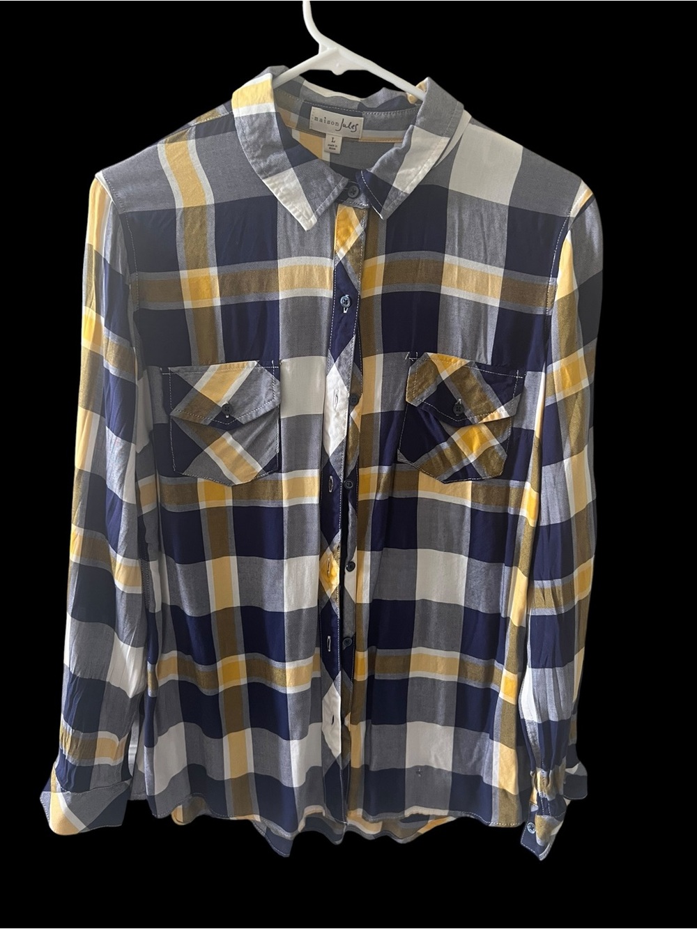Women’s Large Maison Jules Black, Yellow, & White Plaid Button-Down Shirt - Picture 2 of 9